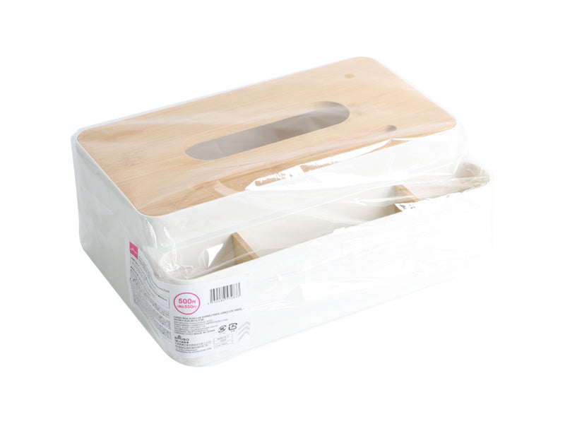 バンブー編み込みティッシュボックス 原産国：中国 材質：蓋、仕切り：竹、本体：ポリプロピレン 商品サイズ