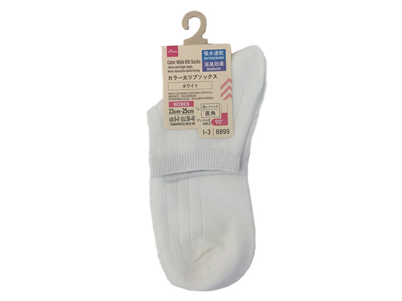 カラー太リブソックス（ホワイト、かかと直角、吸水速乾、消臭）