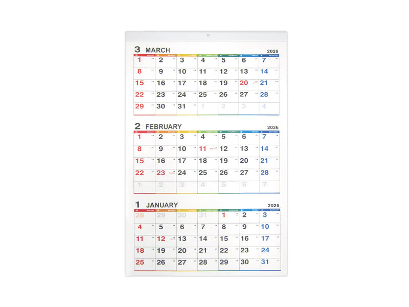 ２０２６年壁掛けカレンダー（３カ月ミシン目入、カラー）
