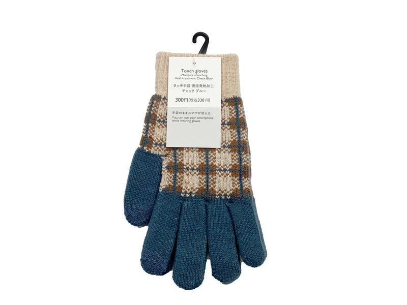 タッチ手袋（裏起毛、吸湿発熱加工、タッチ２本、チェック、ＢＬ）