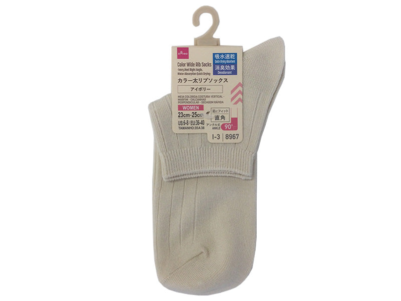 カラー太リブソックス（アイボリー、かかと直角、吸水速乾、消臭）