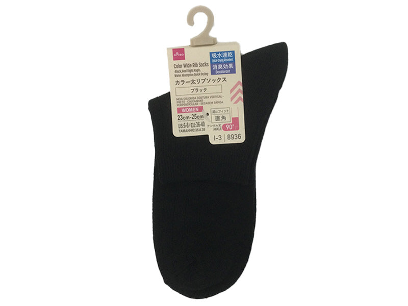 カラー太リブソックス（ブラック、かかと直角、吸水速乾、消臭）