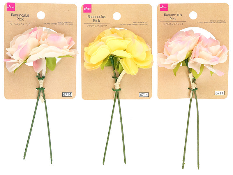 ラナンキュラスピック（２輪、ホワイト、イエロー、ライトピンク）