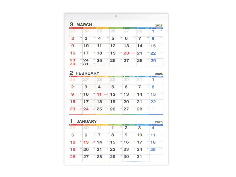 ２０２５年壁掛けカレンダー（３ヶ月ミシン目入、カラー）