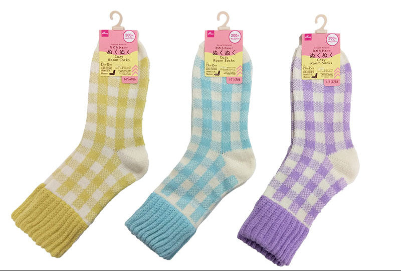 ぬくぬくルームソックス（レディース、モール糸、ギンガムチェック）