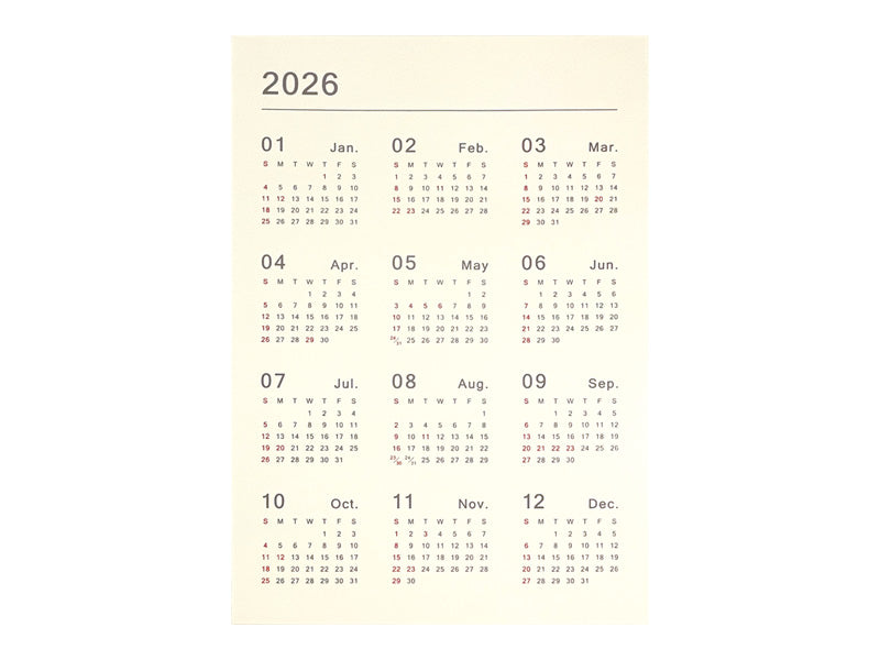 ２０２６年中判カレンダー（シンプル）