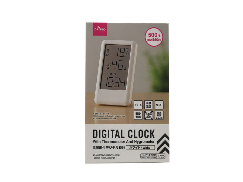温湿度付デジタル時計（ホワイト、７ｃｍ×１１．６ｃｍ×１．４ｃｍ）